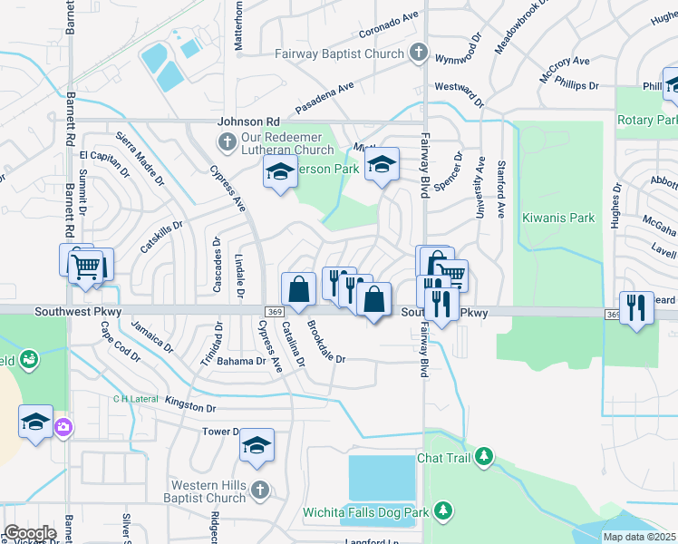 map of restaurants, bars, coffee shops, grocery stores, and more near 4657 Briarwood Drive in Wichita Falls