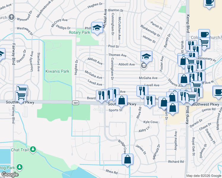 map of restaurants, bars, coffee shops, grocery stores, and more near 4448 Cunningham Drive in Wichita Falls