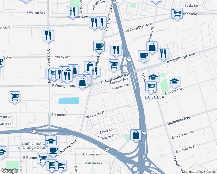 map of restaurants, bars, coffee shops, grocery stores, and more near 825 Ohio Avenue in Placentia
