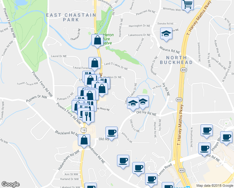 map of restaurants, bars, coffee shops, grocery stores, and more near 274 Land O Lakes Court Northeast in Atlanta