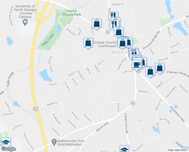map of restaurants, bars, coffee shops, grocery stores, and more near 118 VF West Drive in Watkinsville