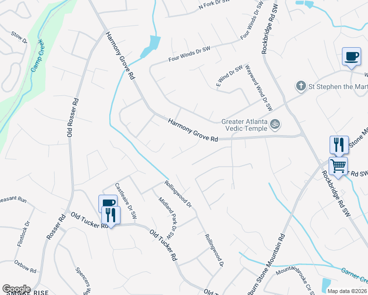 map of restaurants, bars, coffee shops, grocery stores, and more near 5679 Forest Drive Southwest in Lilburn