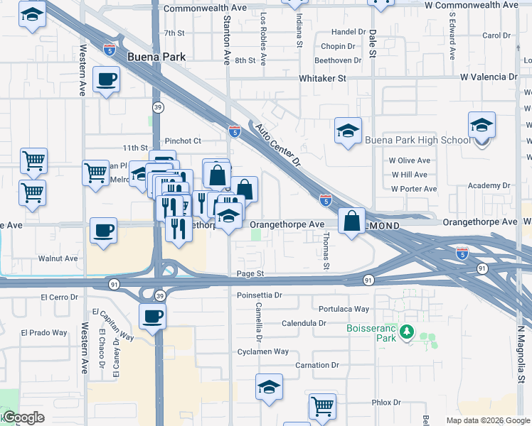 map of restaurants, bars, coffee shops, grocery stores, and more near 6952 Oregon Street in Buena Park