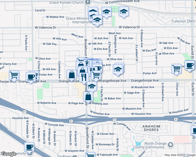map of restaurants, bars, coffee shops, grocery stores, and more near 1225 Pacific Drive in Fullerton