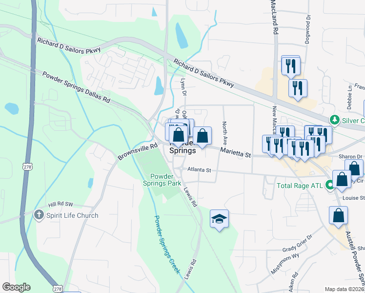 map of restaurants, bars, coffee shops, grocery stores, and more near in Powder Springs
