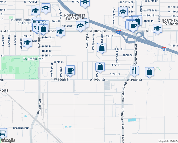 map of restaurants, bars, coffee shops, grocery stores, and more near 18828 Yukon Avenue in Torrance