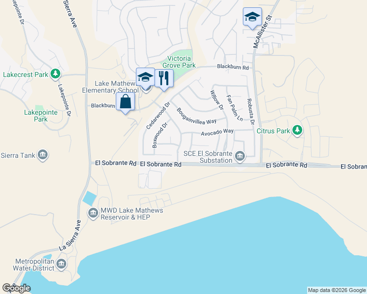 map of restaurants, bars, coffee shops, grocery stores, and more near 17934 Orangewood Lane in Riverside