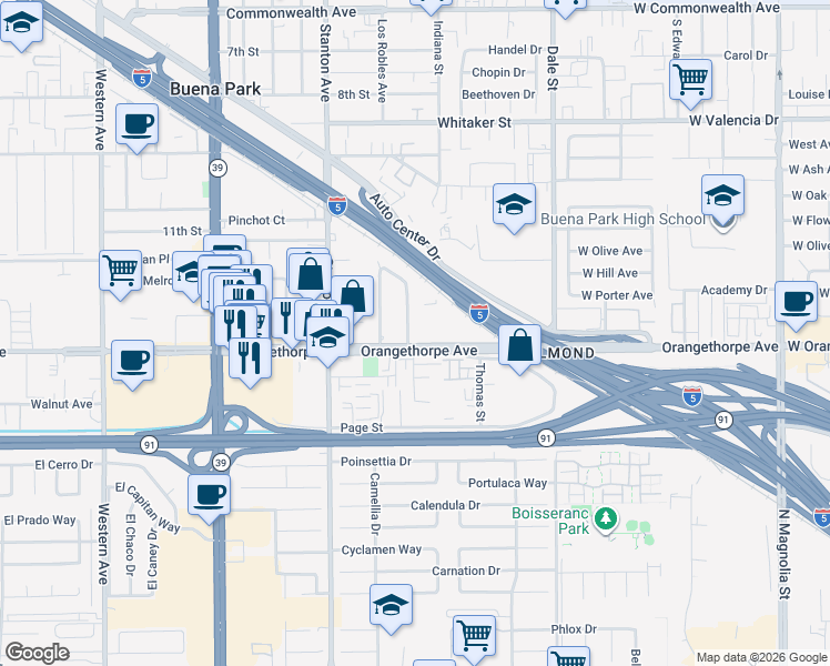 map of restaurants, bars, coffee shops, grocery stores, and more near 6952 Indiana Avenue in Buena Park