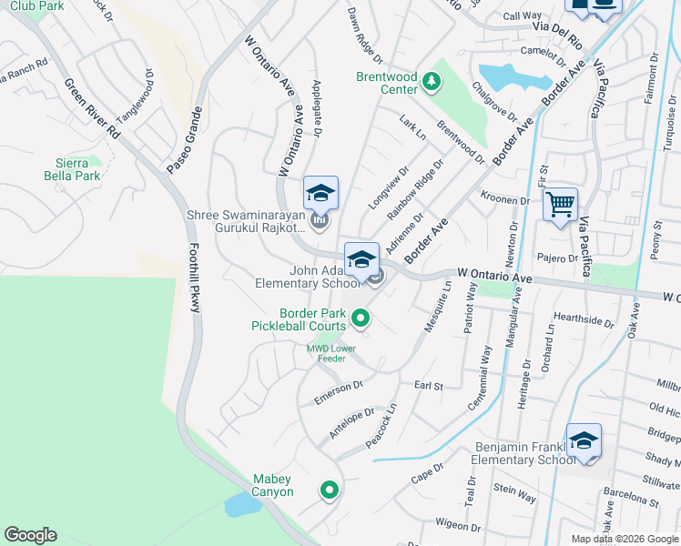 map of restaurants, bars, coffee shops, grocery stores, and more near 2317 Avenida Del Vista in Corona