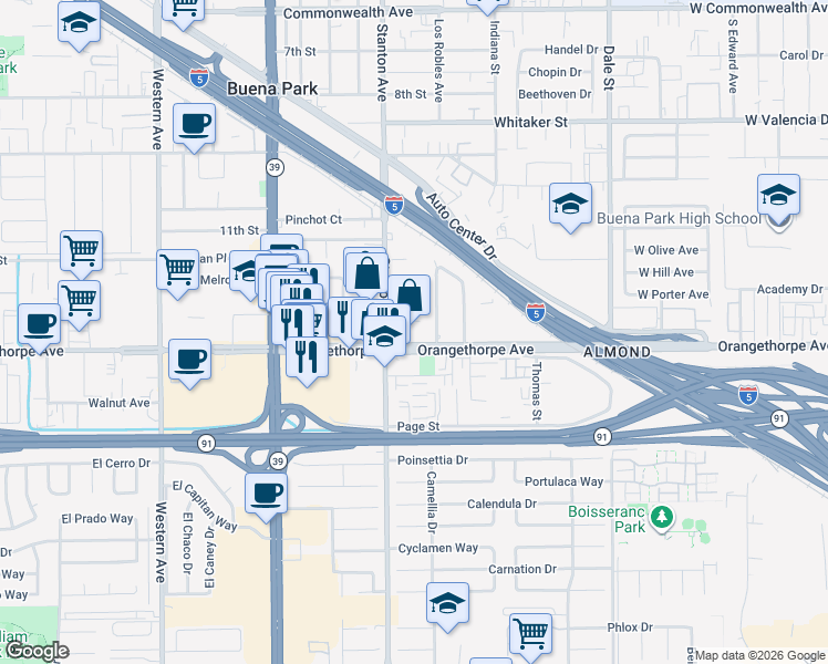 map of restaurants, bars, coffee shops, grocery stores, and more near in Buena Park