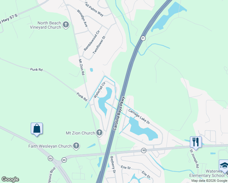 map of restaurants, bars, coffee shops, grocery stores, and more near 216 Waterfall Circle in Little River