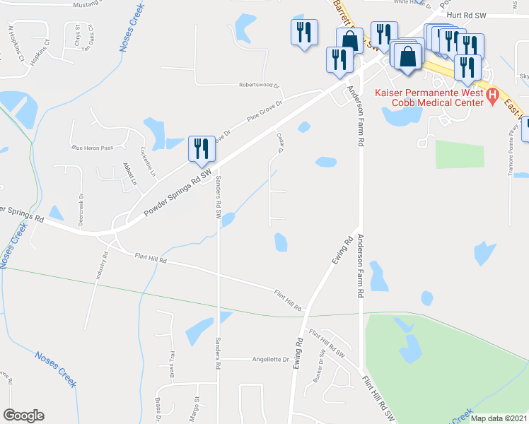 map of restaurants, bars, coffee shops, grocery stores, and more near 3846 Cedar Drive in Marietta