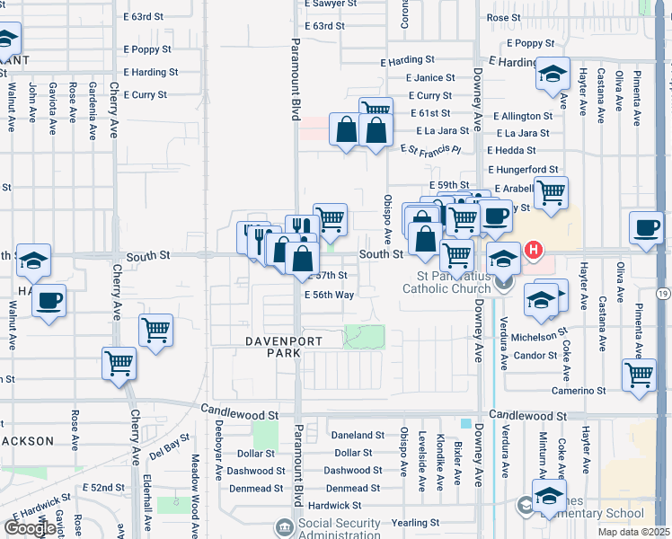 map of restaurants, bars, coffee shops, grocery stores, and more near 2851 East 57th Street in Long Beach