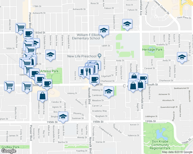 map of restaurants, bars, coffee shops, grocery stores, and more near 18903 Belshire Ave in Cerritos