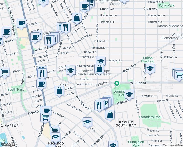 map of restaurants, bars, coffee shops, grocery stores, and more near 1723 Spreckels Lane in Redondo Beach