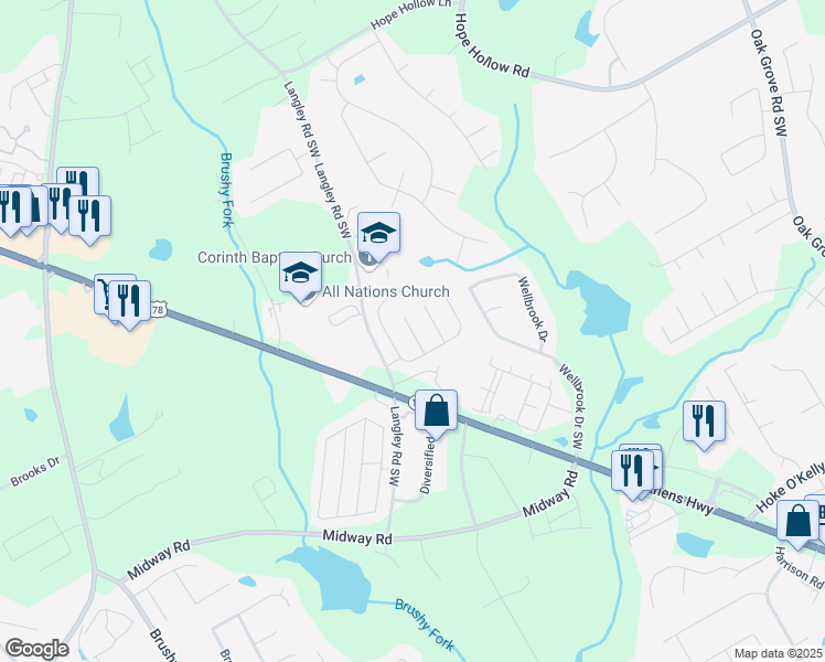 map of restaurants, bars, coffee shops, grocery stores, and more near Shady Valley Lane Southwest in Loganville