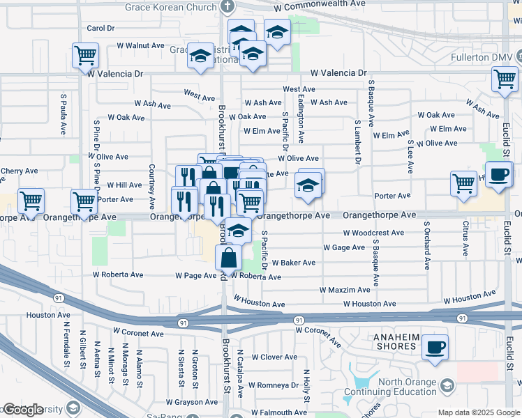 map of restaurants, bars, coffee shops, grocery stores, and more near 1225 Pacific Drive in Fullerton