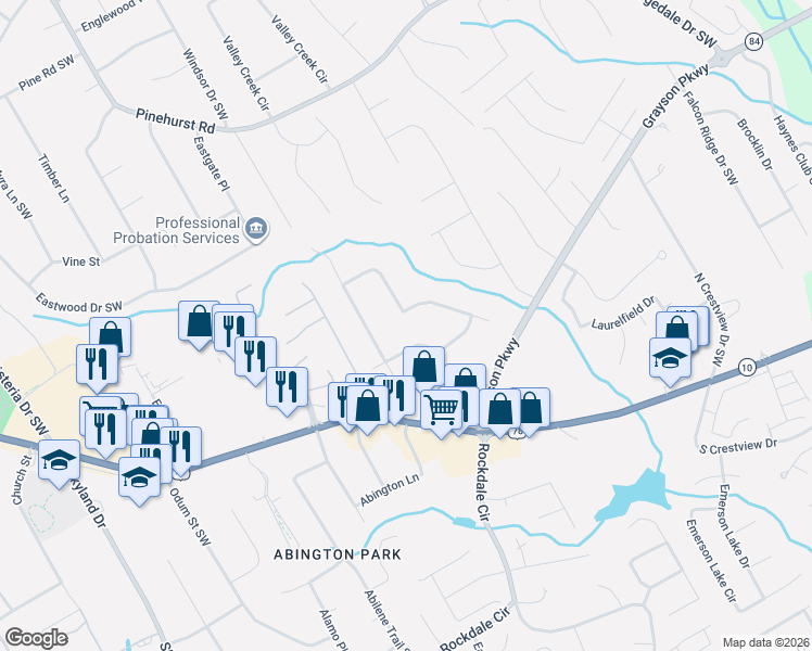 map of restaurants, bars, coffee shops, grocery stores, and more near 2537 Kings Pistol Court in Grayson