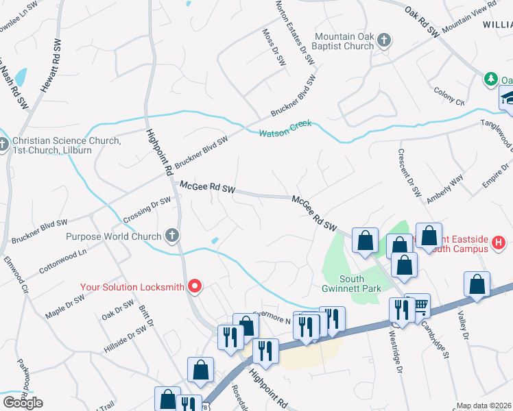 map of restaurants, bars, coffee shops, grocery stores, and more near 1980 Lisa Springs Drive Southwest in Snellville