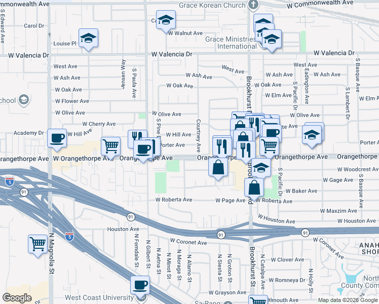 map of restaurants, bars, coffee shops, grocery stores, and more near 2019 West Orangethorpe Avenue in Fullerton