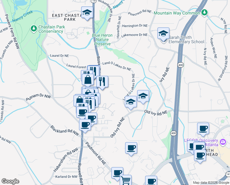 map of restaurants, bars, coffee shops, grocery stores, and more near 274 Land O Lakes Court Northeast in Atlanta