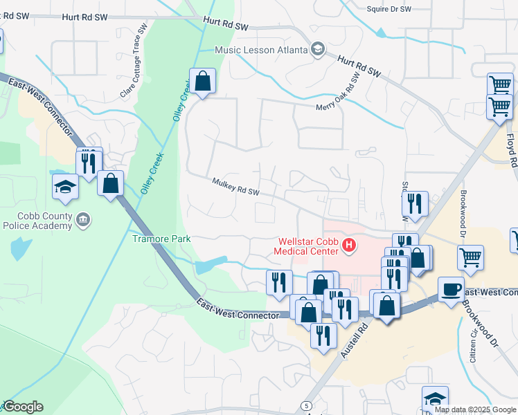 map of restaurants, bars, coffee shops, grocery stores, and more near 2100 Cranbrook Circle Southwest in Marietta