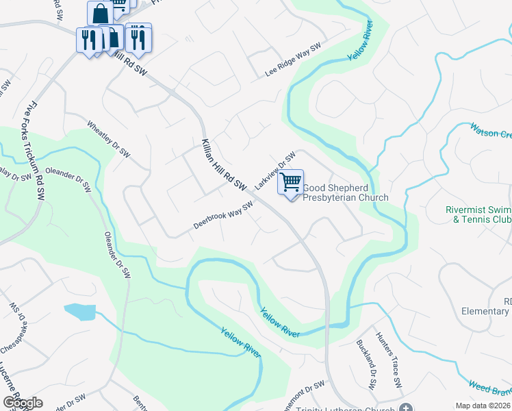 map of restaurants, bars, coffee shops, grocery stores, and more near 3992 Deerbrook Way Southwest in Lilburn