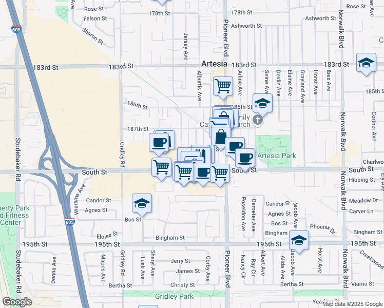 map of restaurants, bars, coffee shops, grocery stores, and more near 18807 Alburtis Avenue in Artesia