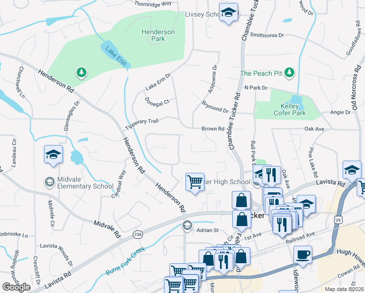 map of restaurants, bars, coffee shops, grocery stores, and more near 3802 Northlake Creek Dr in Tucker