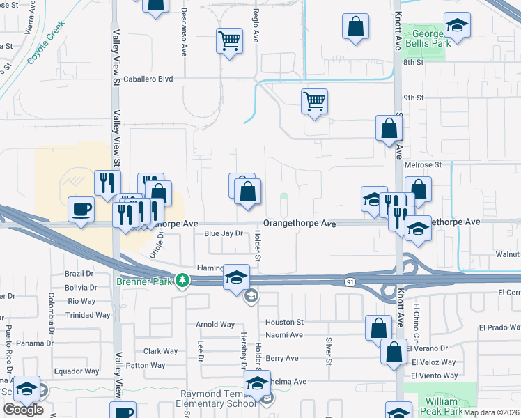 map of restaurants, bars, coffee shops, grocery stores, and more near 6941 Emerson Drive in Buena Park