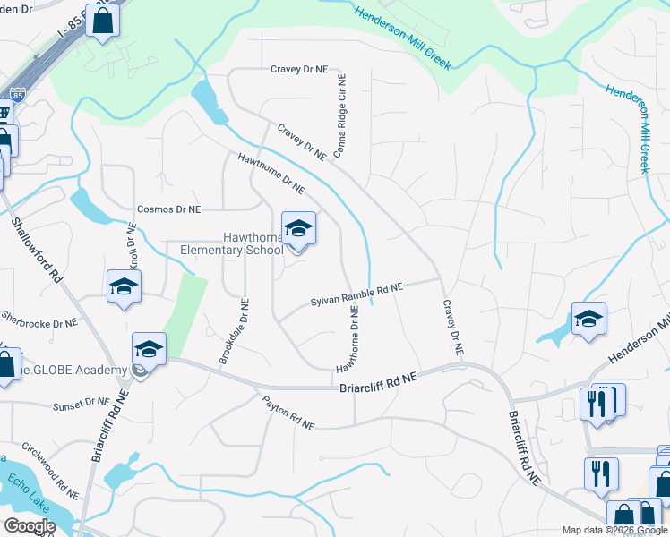 map of restaurants, bars, coffee shops, grocery stores, and more near 2508 Hawthorne Drive Northeast in Atlanta