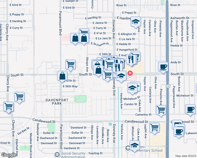 map of restaurants, bars, coffee shops, grocery stores, and more near 3300 East South Street in Long Beach