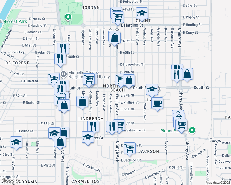 map of restaurants, bars, coffee shops, grocery stores, and more near in Long Beach