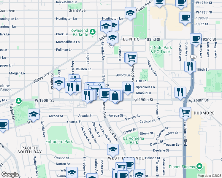 map of restaurants, bars, coffee shops, grocery stores, and more near 2504 Spreckels Lane in Redondo Beach