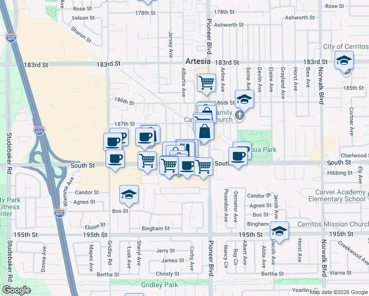 map of restaurants, bars, coffee shops, grocery stores, and more near 18806 Alburtis Avenue in Artesia