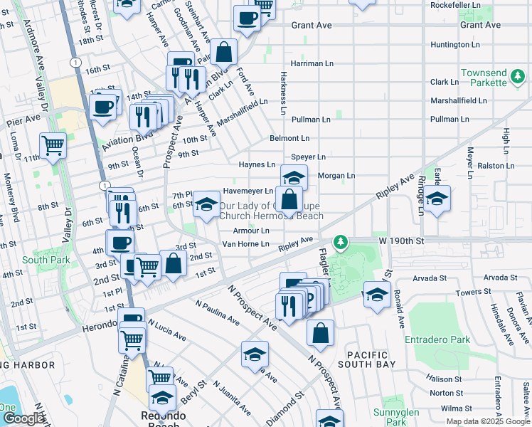 map of restaurants, bars, coffee shops, grocery stores, and more near 1723 Spreckels Lane in Redondo Beach