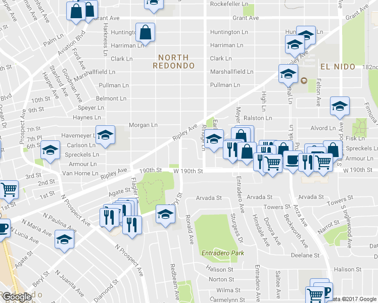map of restaurants, bars, coffee shops, grocery stores, and more near 2106 Blossom Court in Redondo Beach