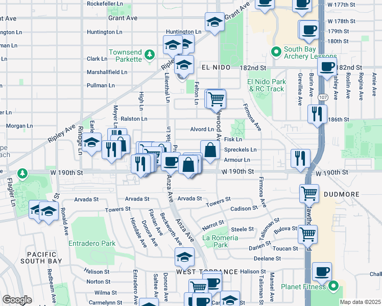 map of restaurants, bars, coffee shops, grocery stores, and more near 2514 Spreckels Lane in Redondo Beach