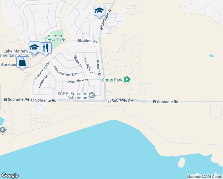 map of restaurants, bars, coffee shops, grocery stores, and more near 17885 McAllister Street in Riverside