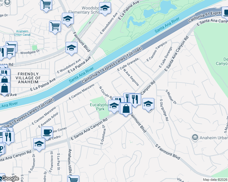 map of restaurants, bars, coffee shops, grocery stores, and more near 189 North Avenue Veracruz in Anaheim