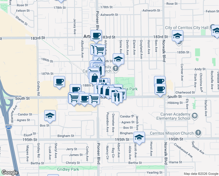 map of restaurants, bars, coffee shops, grocery stores, and more near 11886 Park Avenue in Artesia