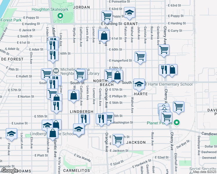 map of restaurants, bars, coffee shops, grocery stores, and more near in Long Beach
