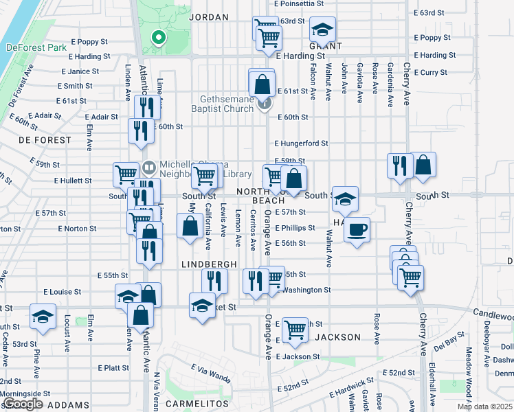 map of restaurants, bars, coffee shops, grocery stores, and more near in Long Beach