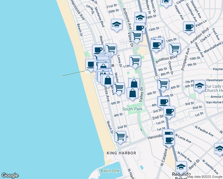 map of restaurants, bars, coffee shops, grocery stores, and more near in Hermosa Beach