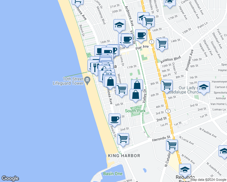 map of restaurants, bars, coffee shops, grocery stores, and more near in Hermosa Beach