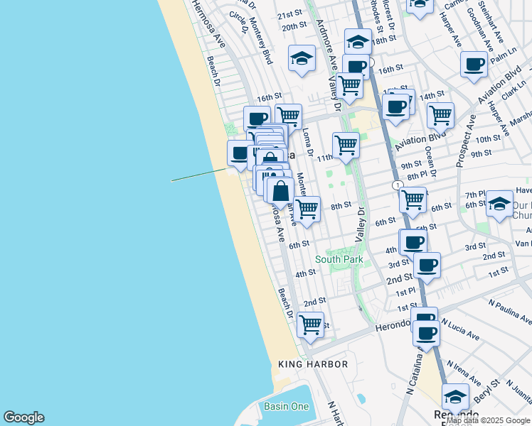 map of restaurants, bars, coffee shops, grocery stores, and more near in Hermosa Beach