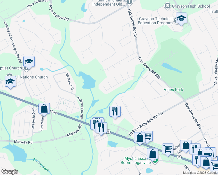 map of restaurants, bars, coffee shops, grocery stores, and more near 3557 Lake Valley Court Southwest in Loganville