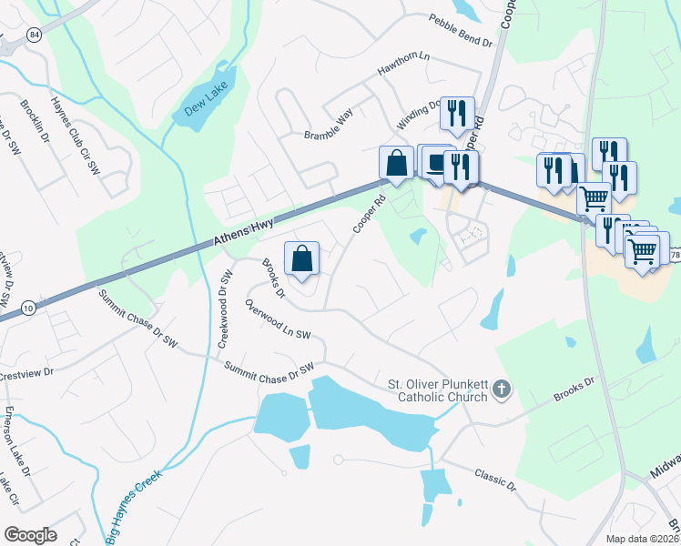 map of restaurants, bars, coffee shops, grocery stores, and more near 1282 Cooper Road in Snellville