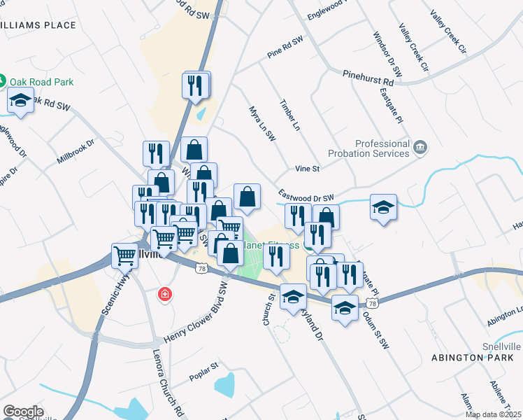 map of restaurants, bars, coffee shops, grocery stores, and more near 2336 Wisteria Drive Southwest in Snellville