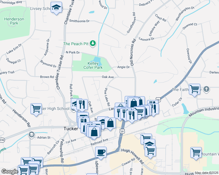 map of restaurants, bars, coffee shops, grocery stores, and more near 2521 Pine Lake Place in Tucker